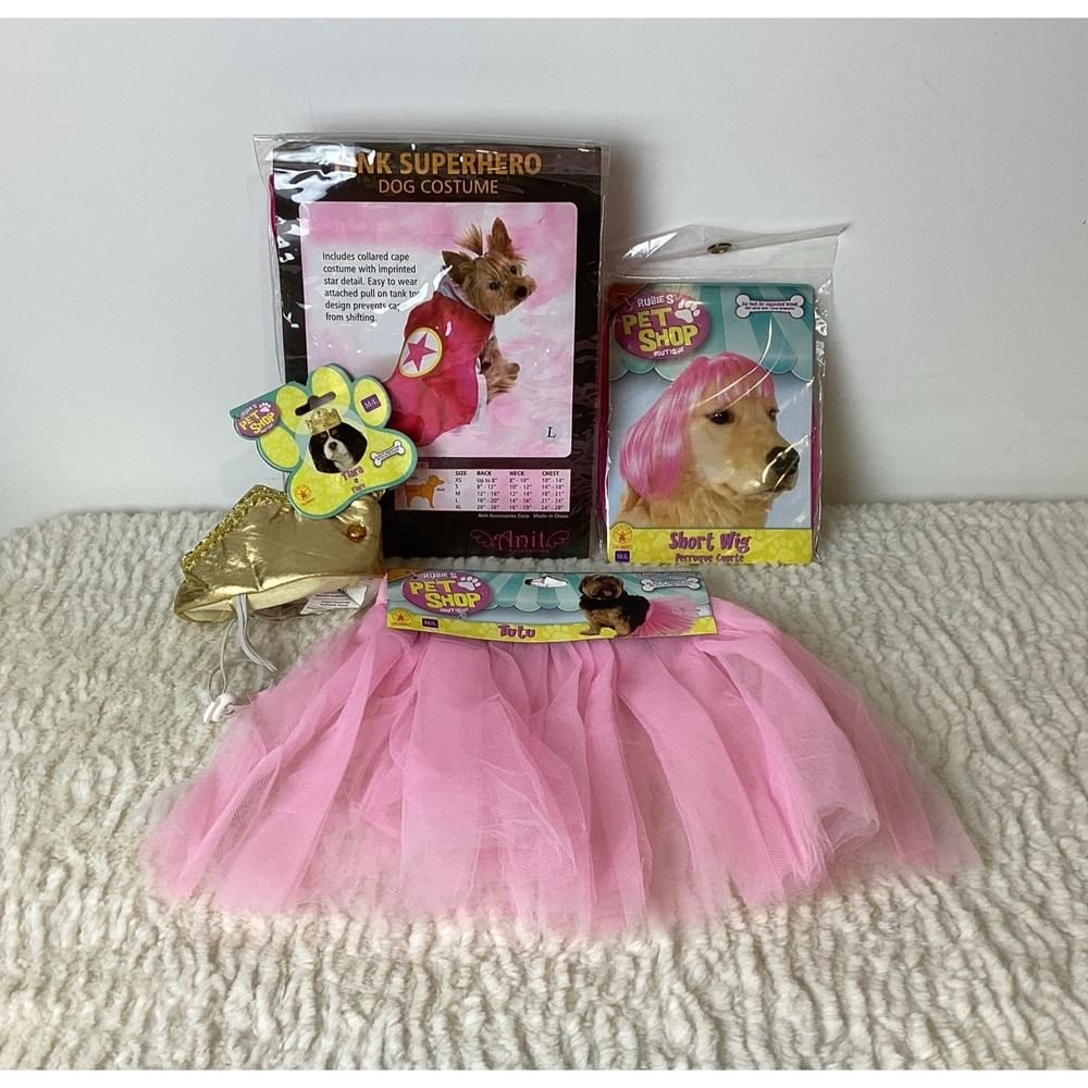 Pink Pet Costume Lot by Rubie's, Medium/Large Tutu Cape Crown Wig Dog Dress Up